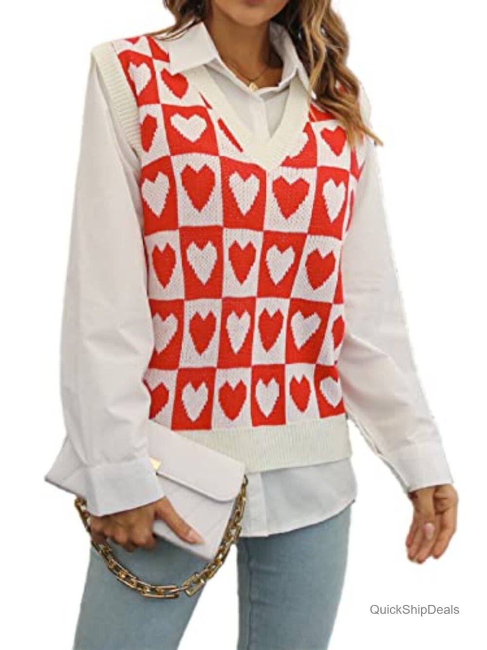 Women's V-Neck Cable Knit Argyle Plaid Sweater Vest Sleeveless